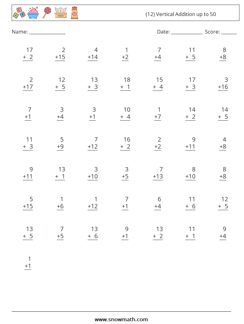 (12) Vertical Addition up to 50 Math Worksheets 16