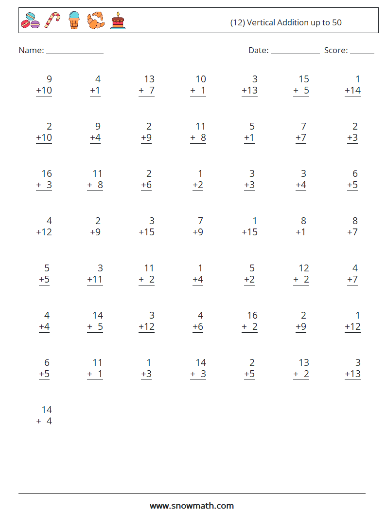 (12) Vertical Addition up to 50 Maths Worksheets 17