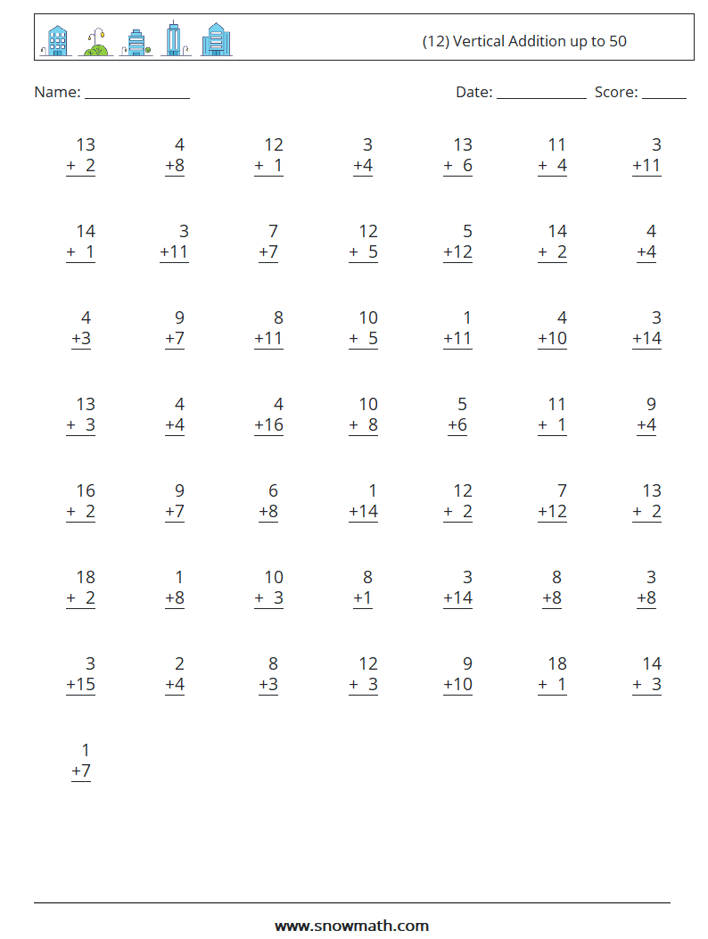 (12) Vertical Addition up to 50 Maths Worksheets 18