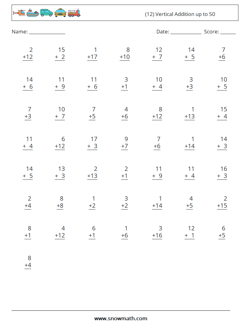 (12) Vertical Addition up to 50 Maths Worksheets 3