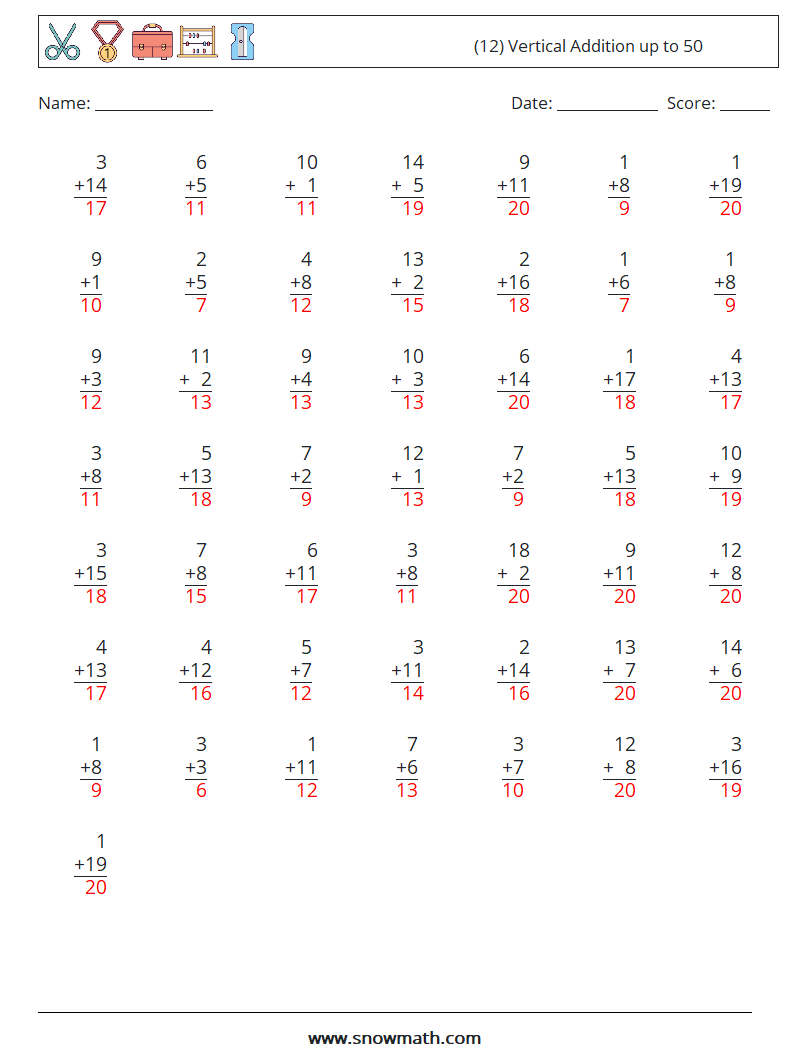 (12) Vertical Addition up to 50 Math Worksheets 4 Question, Answer