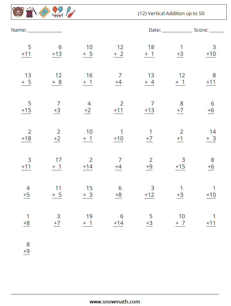 (12) Vertical Addition up to 50 Math Worksheets 6