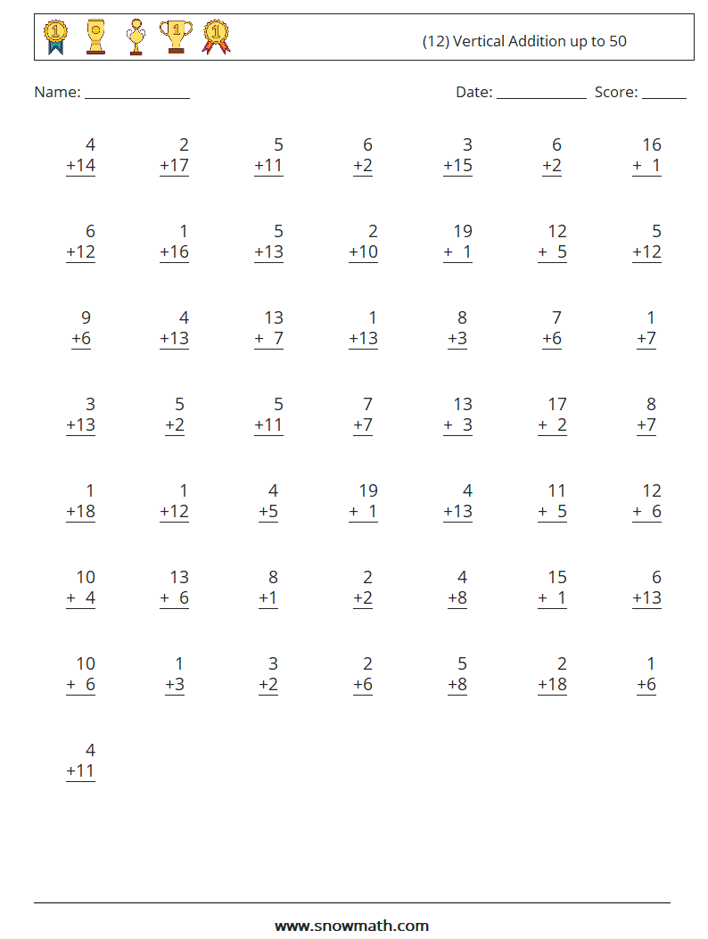 (12) Vertical Addition up to 50 Math Worksheets 8