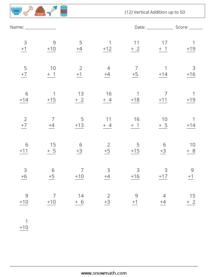 (12) Vertical Addition up to 50 Math Worksheets 9