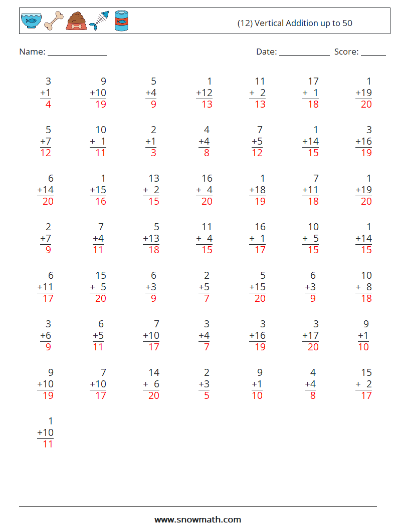 (12) Vertical Addition up to 50 Math Worksheets 9 Question, Answer