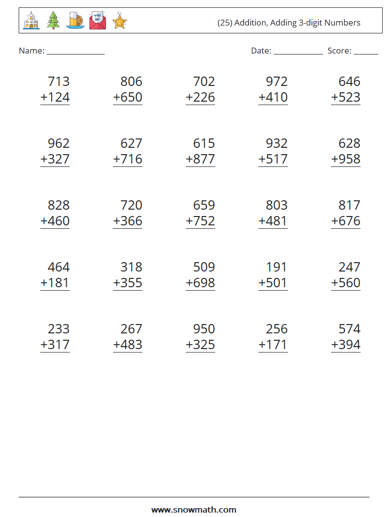 (25) Addition, Adding 3-digit Numbers