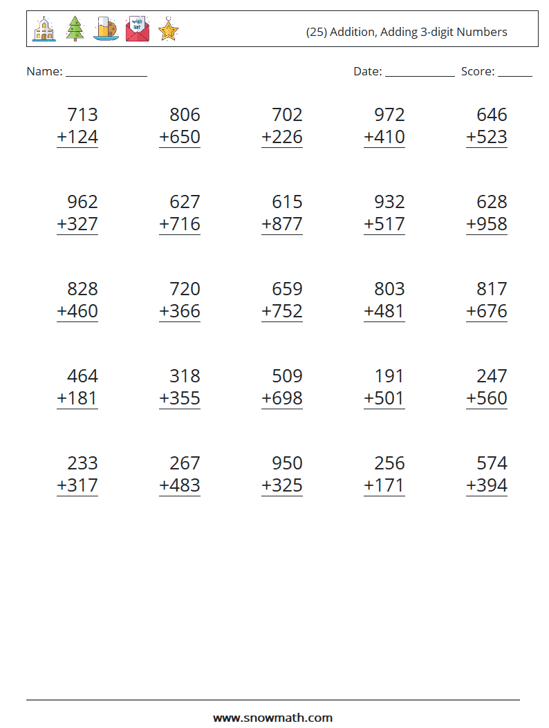 (25) Addition, Adding 3-digit Numbers Math Worksheets 1