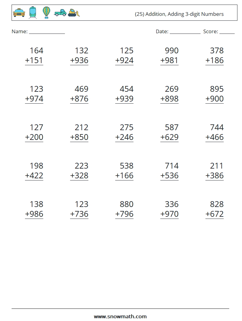 (25) Addition, Adding 3-digit Numbers Math Worksheets 10