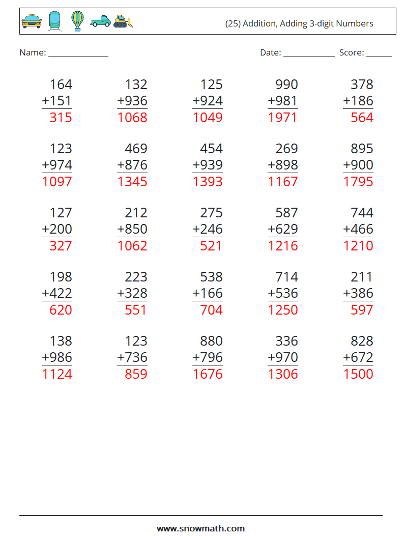 (25) Addition, Adding 3-digit Numbers Math Worksheets 10 Question, Answer