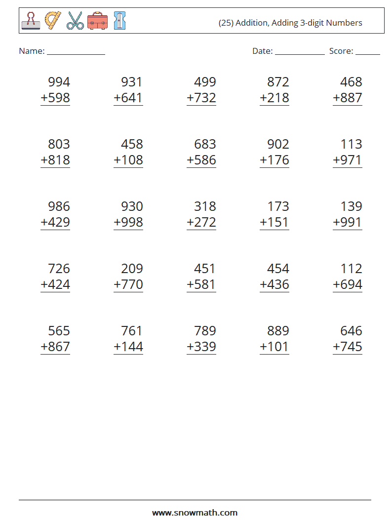 (25) Addition, Adding 3-digit Numbers Math Worksheets 11