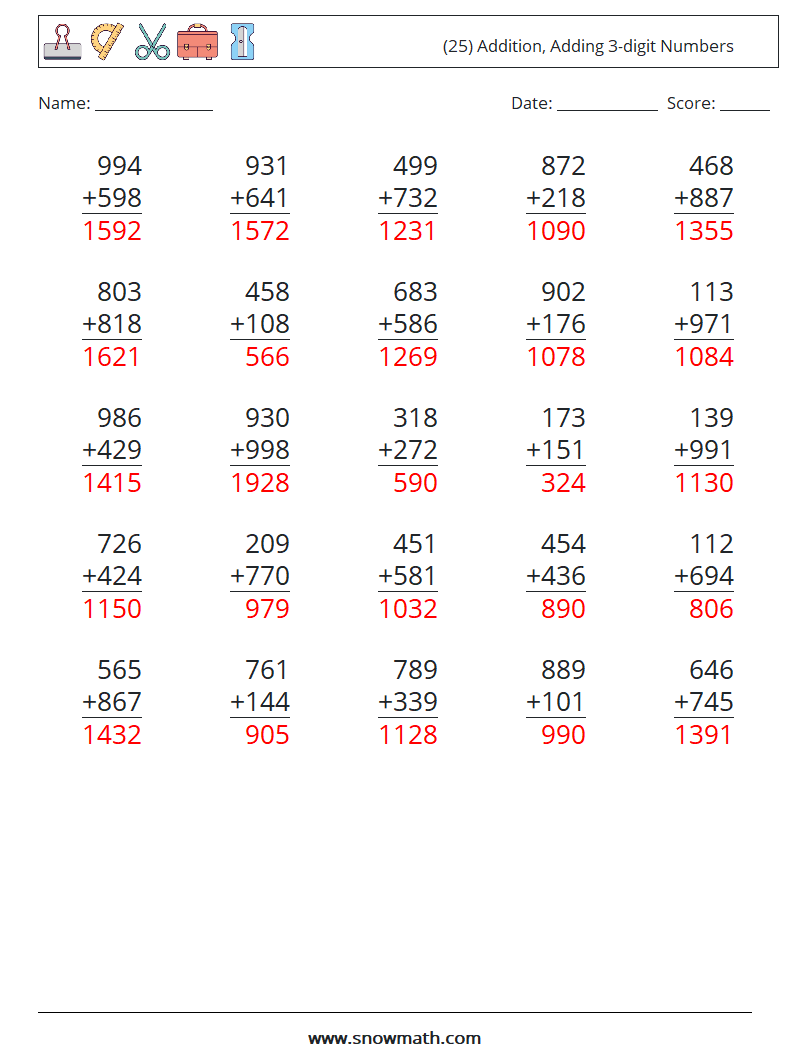 (25) Addition, Adding 3-digit Numbers Math Worksheets 11 Question, Answer