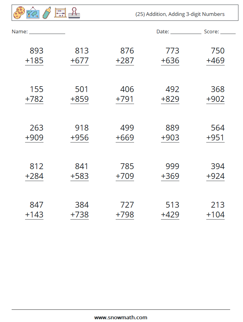 (25) Addition, Adding 3-digit Numbers Maths Worksheets 12