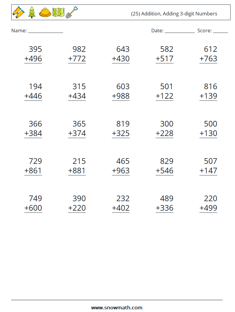 (25) Addition, Adding 3-digit Numbers Math Worksheets 13