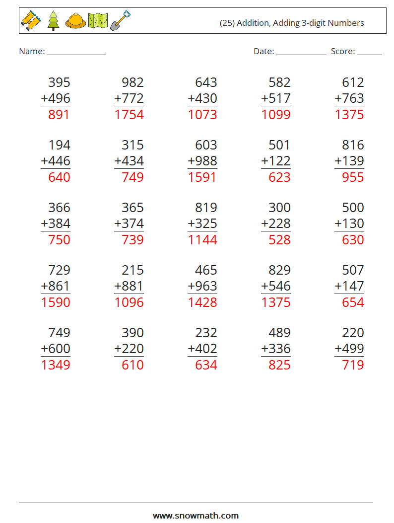 (25) Addition, Adding 3-digit Numbers Math Worksheets 13 Question, Answer