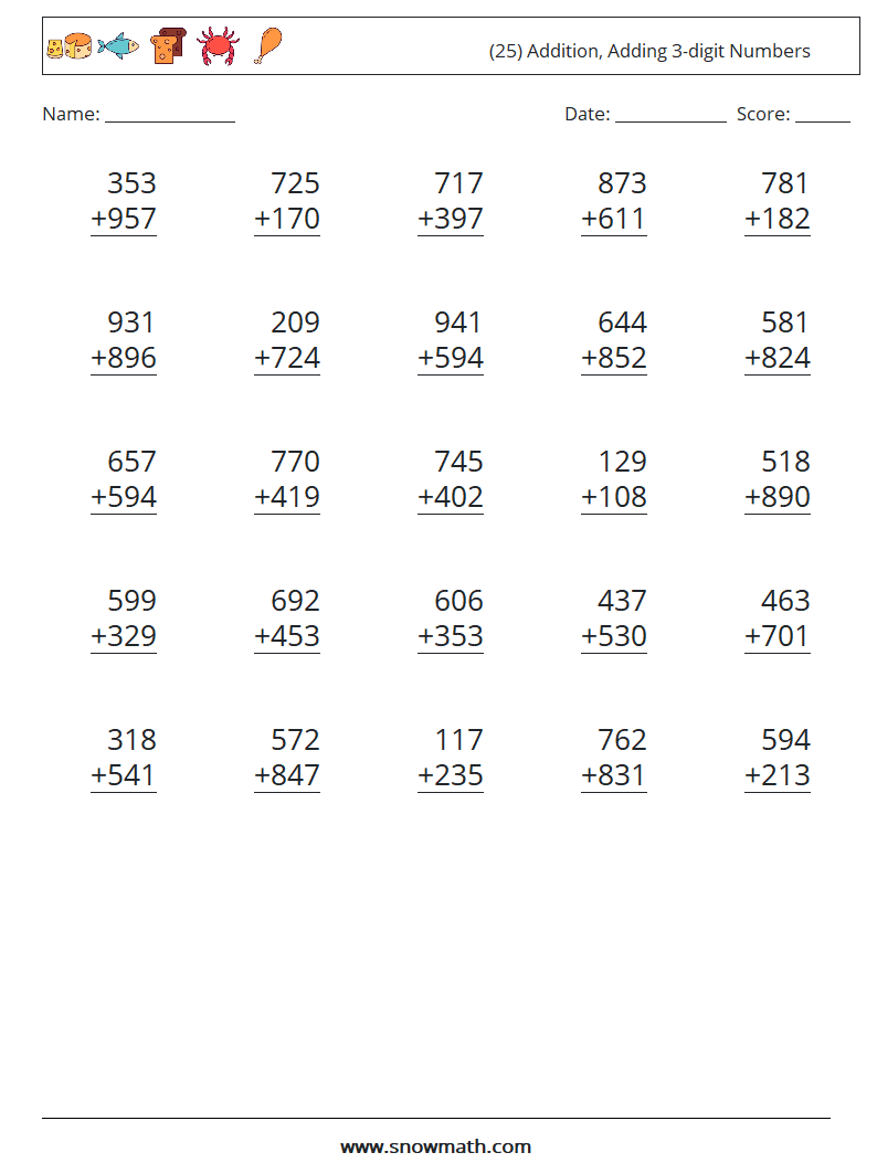 (25) Addition, Adding 3-digit Numbers Maths Worksheets 14