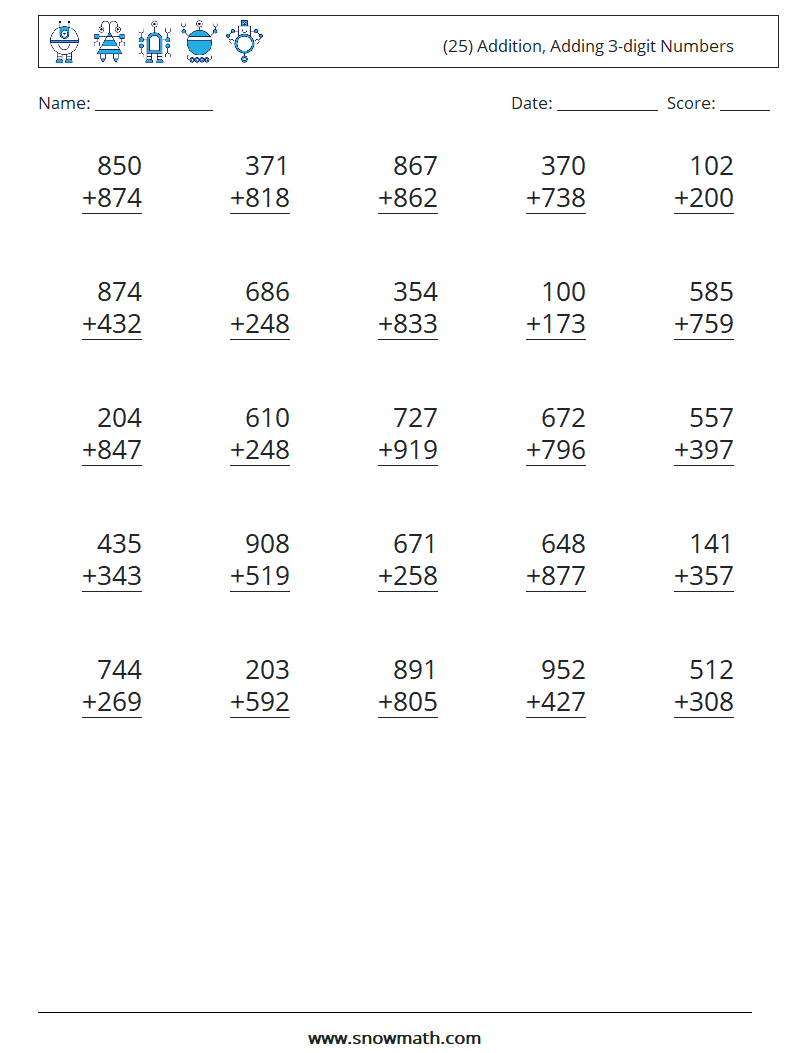 (25) Addition, Adding 3-digit Numbers Math Worksheets 15