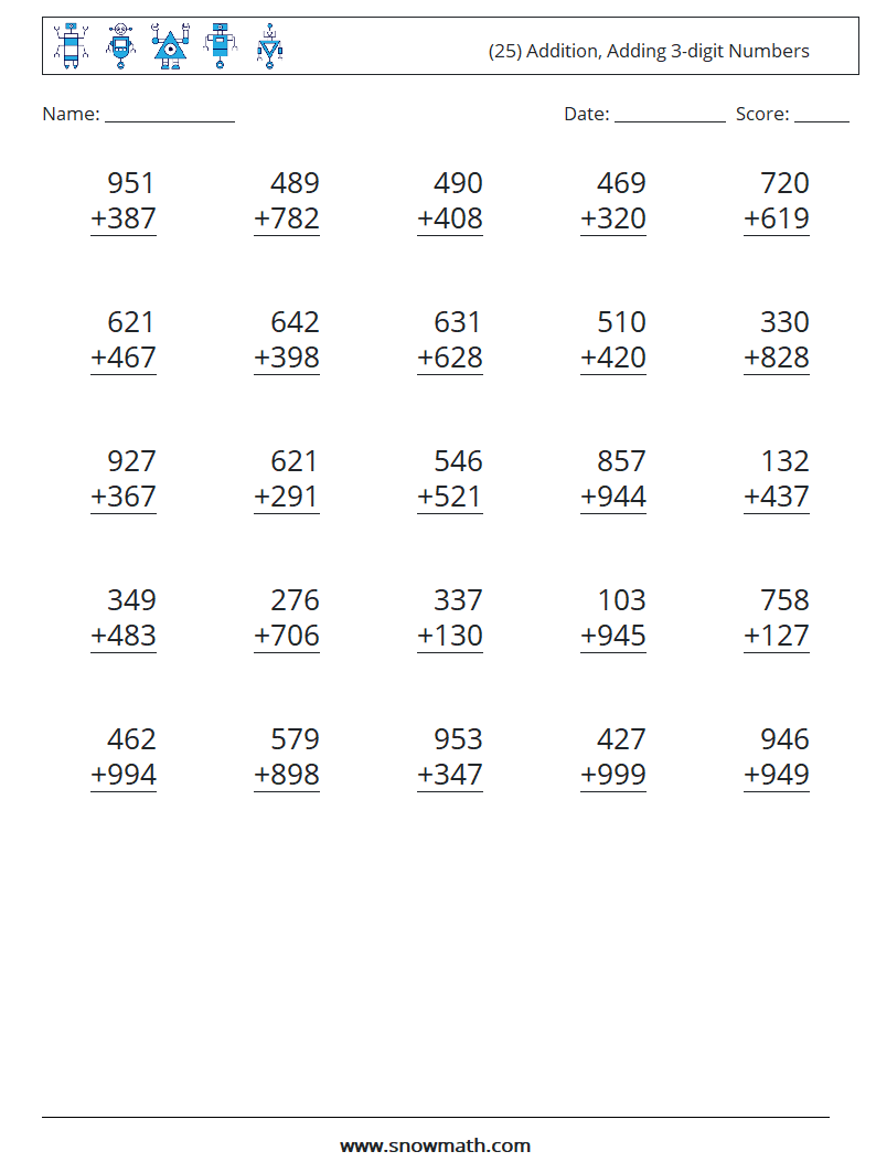 (25) Addition, Adding 3-digit Numbers Math Worksheets 16