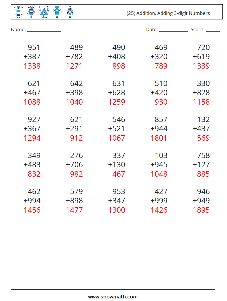 (25) Addition, Adding 3-digit Numbers Math Worksheets 16 Question, Answer