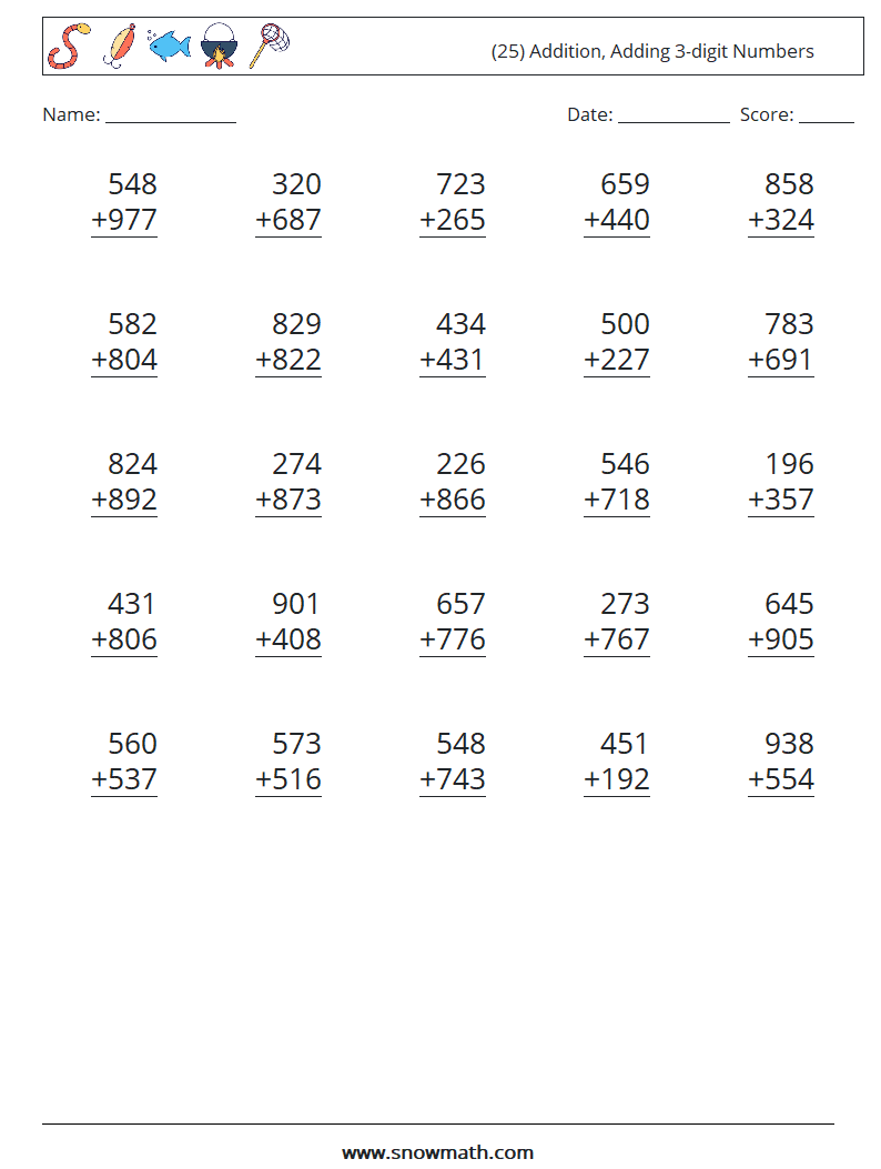 (25) Addition, Adding 3-digit Numbers Maths Worksheets 17