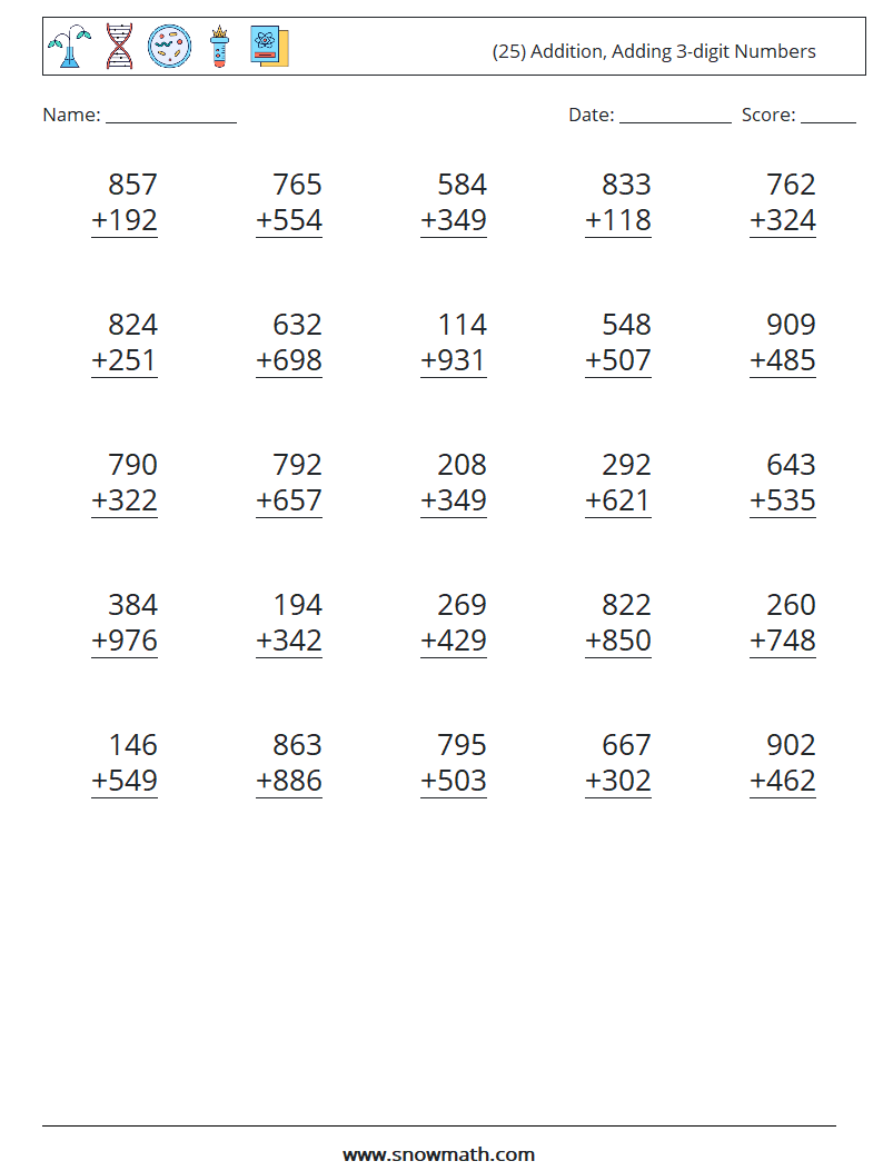 (25) Addition, Adding 3-digit Numbers Math Worksheets 18