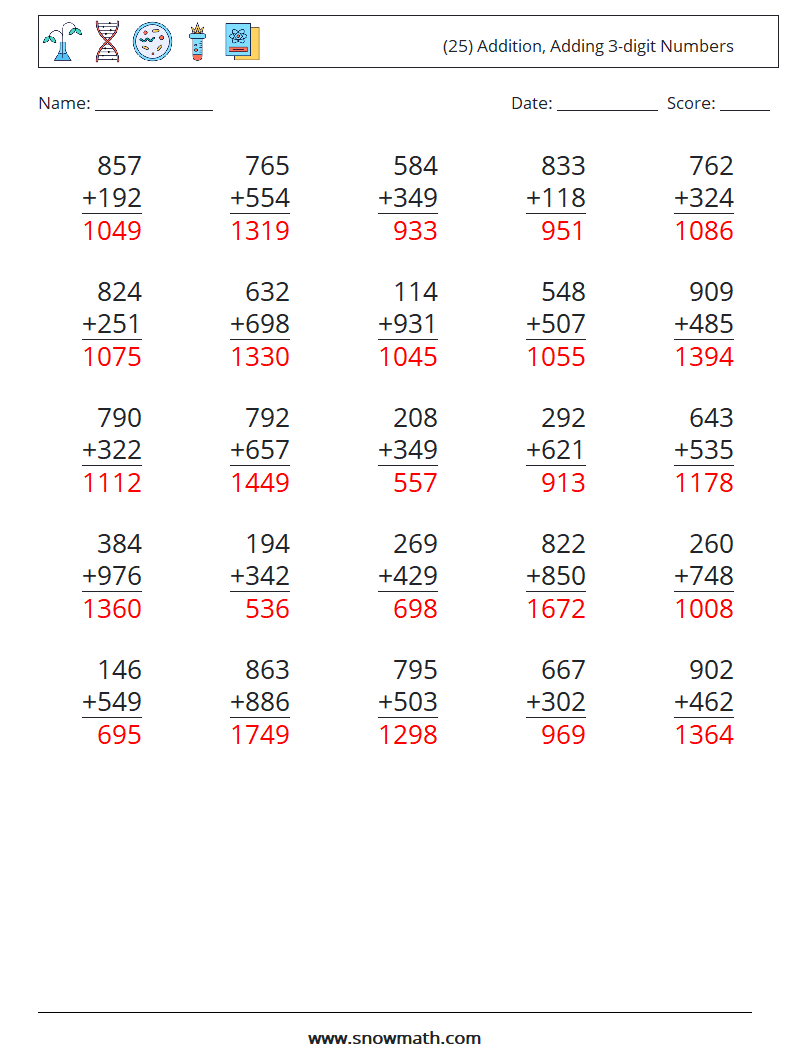 (25) Addition, Adding 3-digit Numbers Math Worksheets 18 Question, Answer