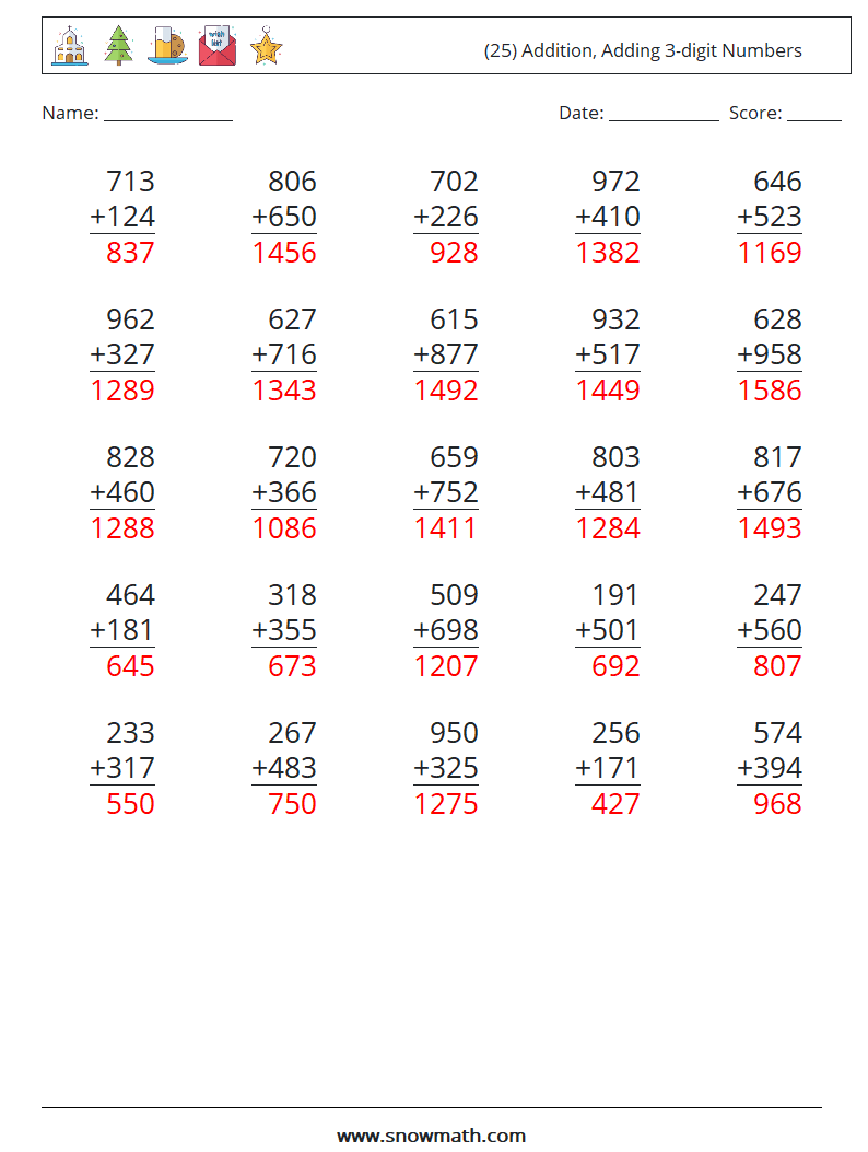 (25) Addition, Adding 3-digit Numbers Math Worksheets 1 Question, Answer