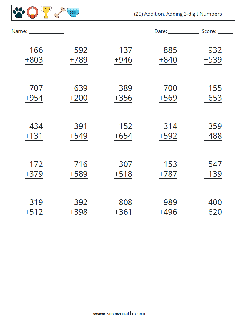 (25) Addition, Adding 3-digit Numbers Maths Worksheets 2