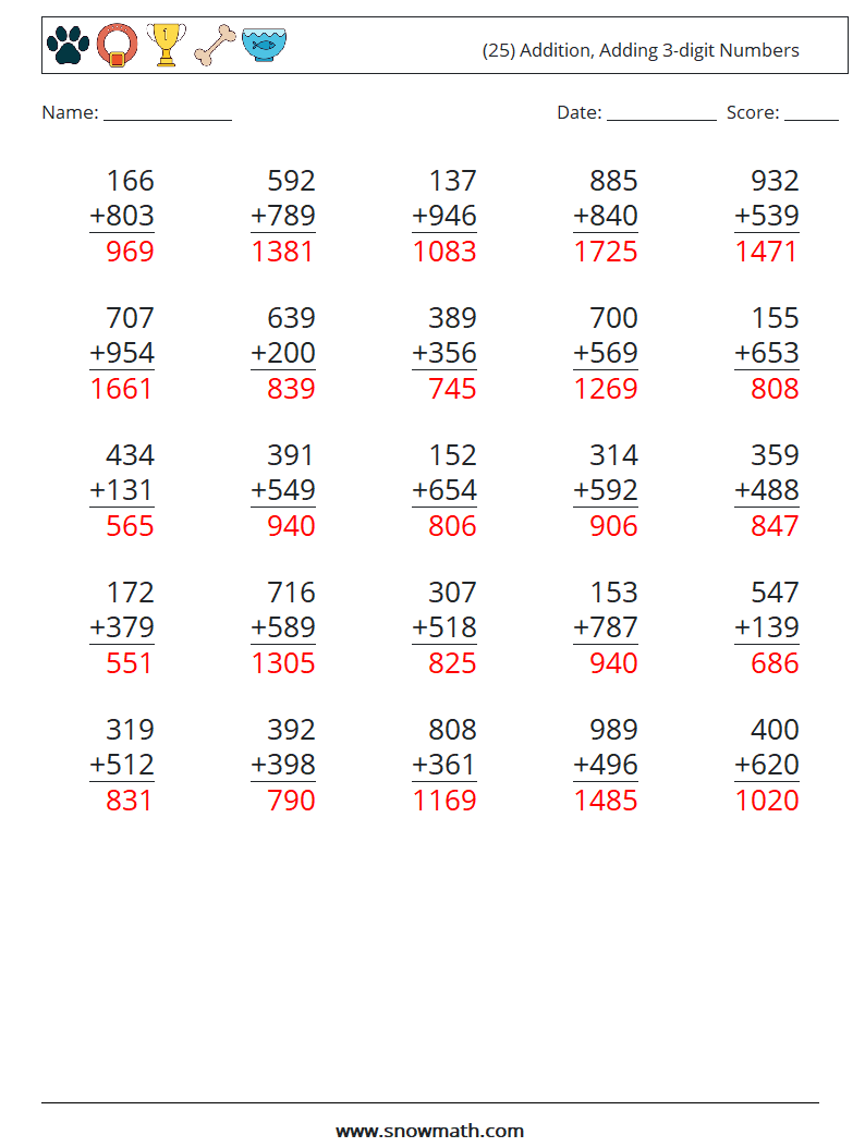 (25) Addition, Adding 3-digit Numbers Math Worksheets 2 Question, Answer