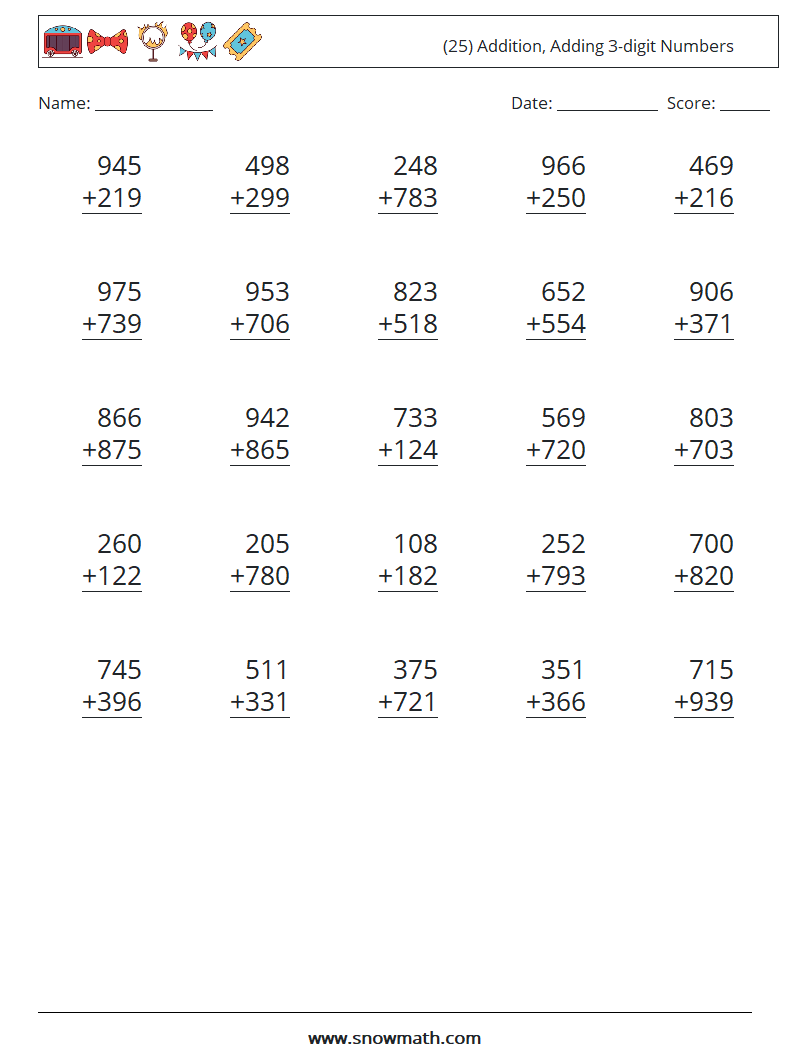 (25) Addition, Adding 3-digit Numbers Maths Worksheets 3