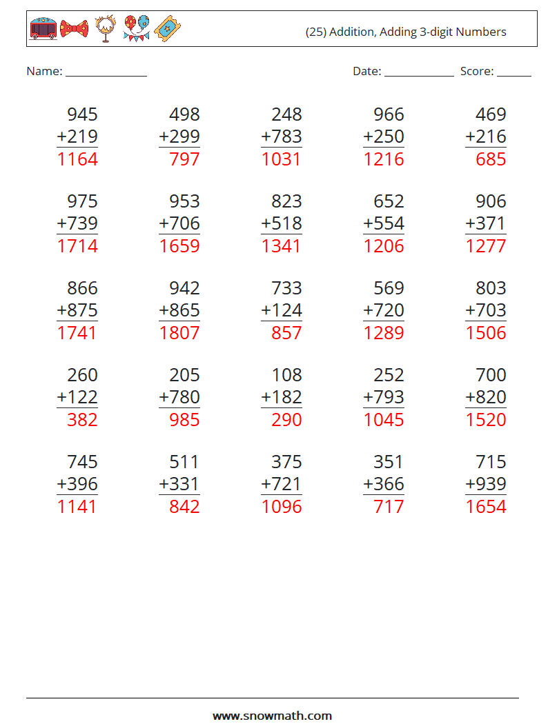 (25) Addition, Adding 3-digit Numbers Math Worksheets 3 Question, Answer