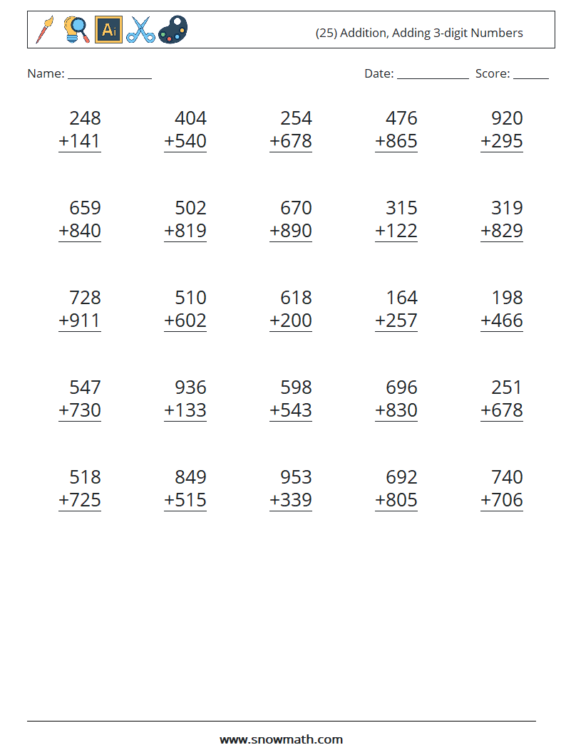 (25) Addition, Adding 3-digit Numbers Math Worksheets 4