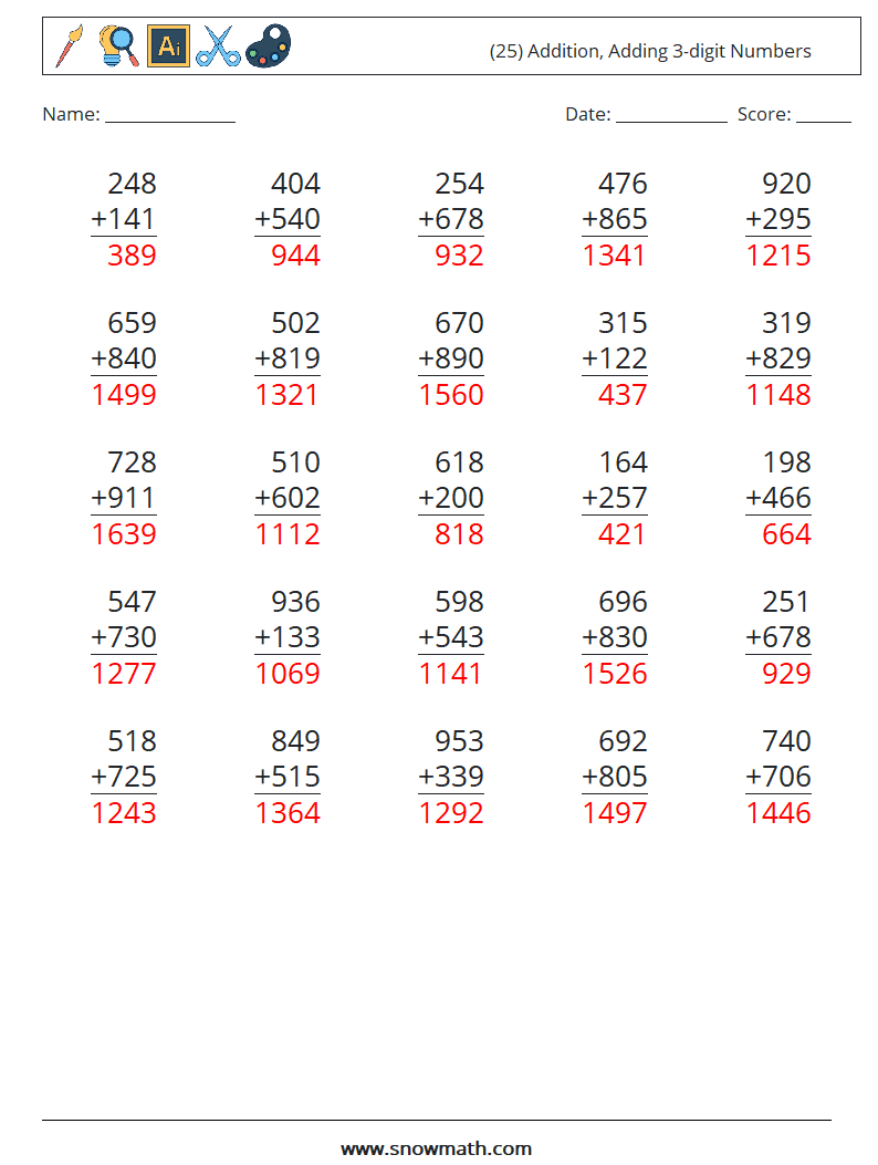 (25) Addition, Adding 3-digit Numbers Math Worksheets 4 Question, Answer