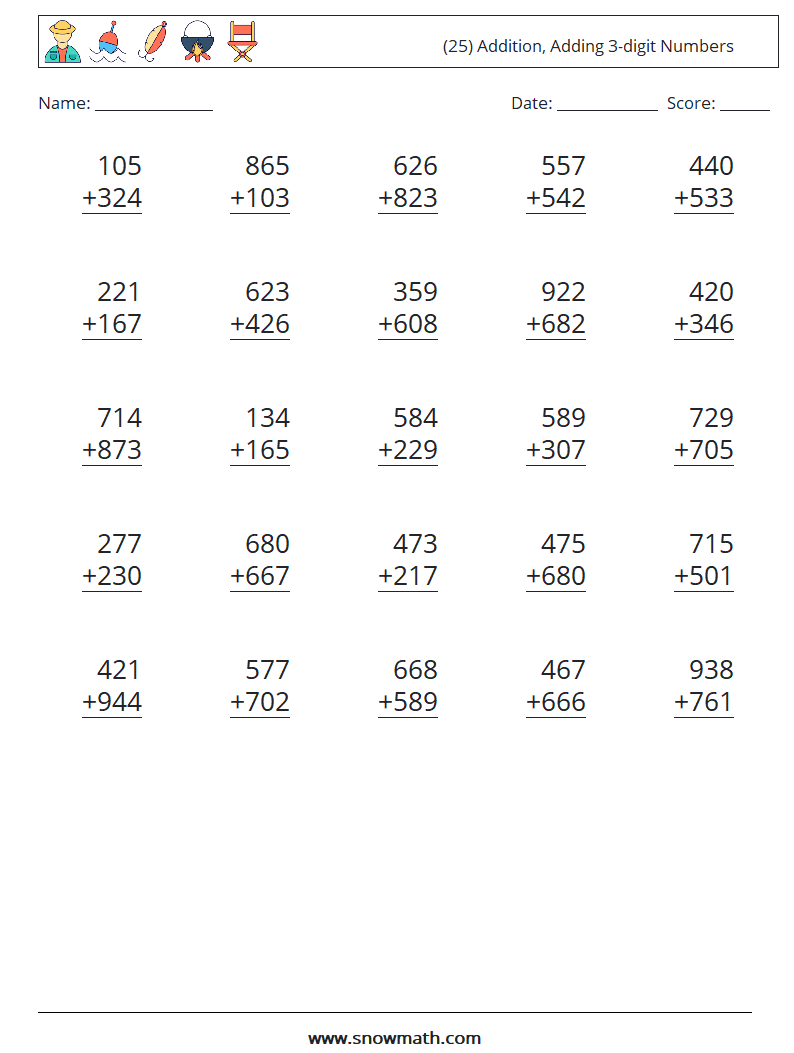 (25) Addition, Adding 3-digit Numbers Math Worksheets 6