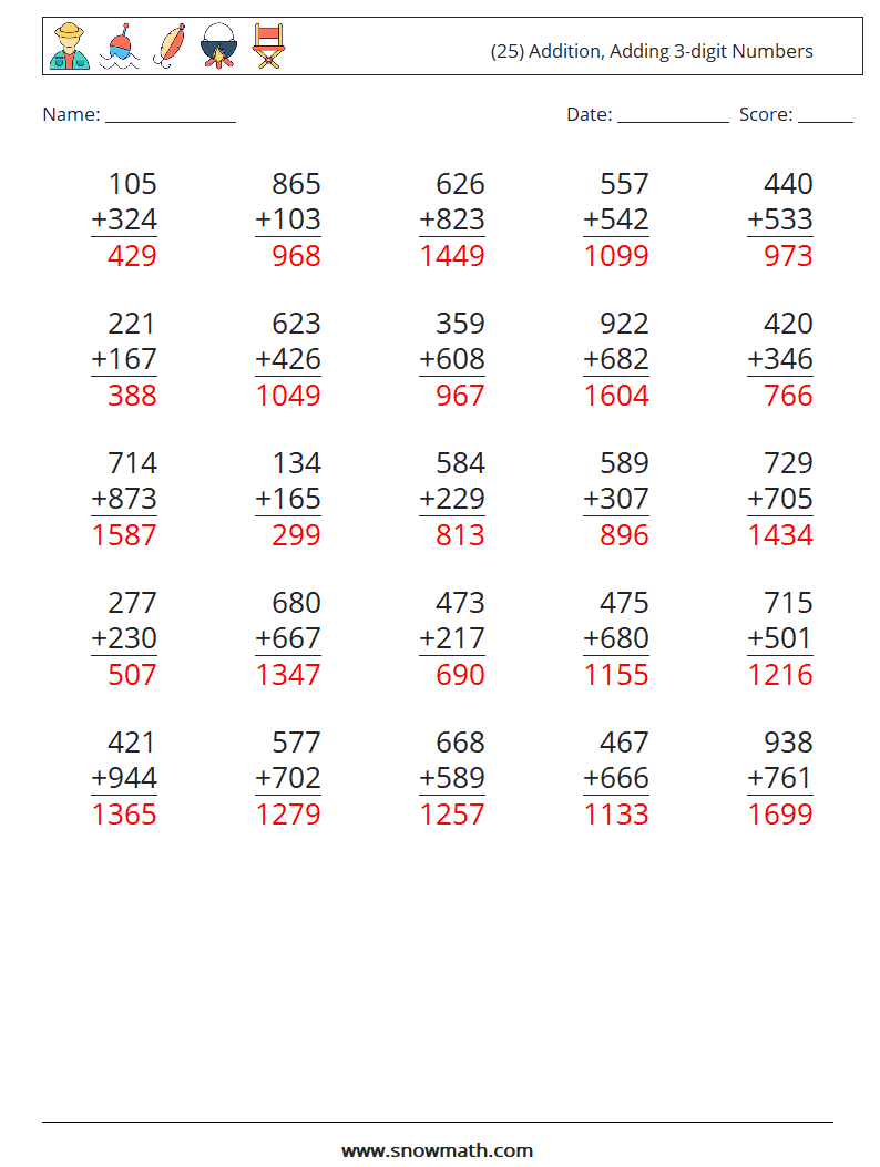 (25) Addition, Adding 3-digit Numbers Math Worksheets 6 Question, Answer