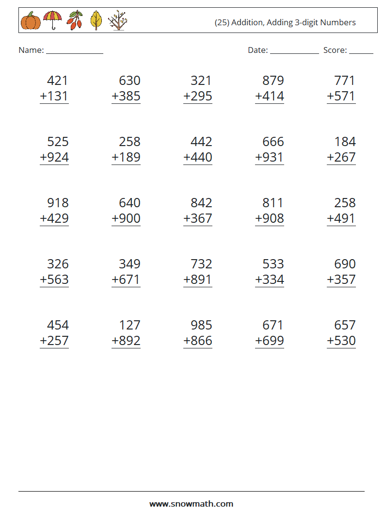 Canada (223) addition, adding 23-digit numbers Math Worksheets, Math Regarding Adding Three Numbers Worksheet