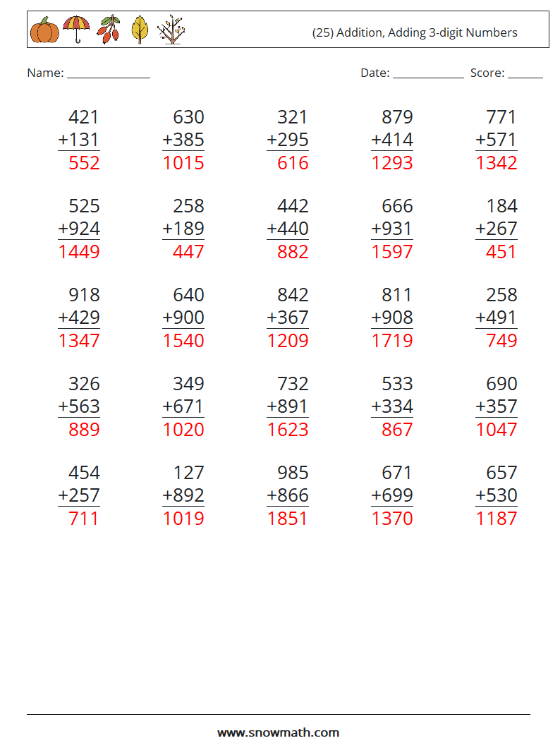 (25) Addition, Adding 3-digit Numbers Math Worksheets 7 Question, Answer