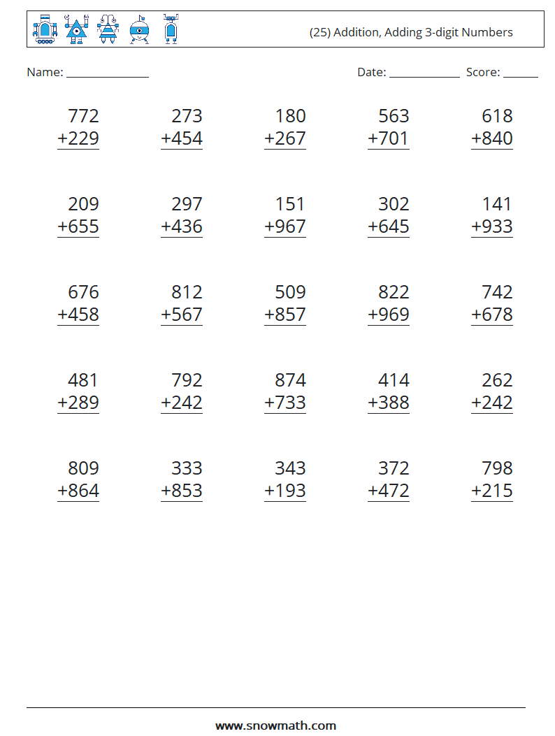 (25) Addition, Adding 3-digit Numbers Math Worksheets 8