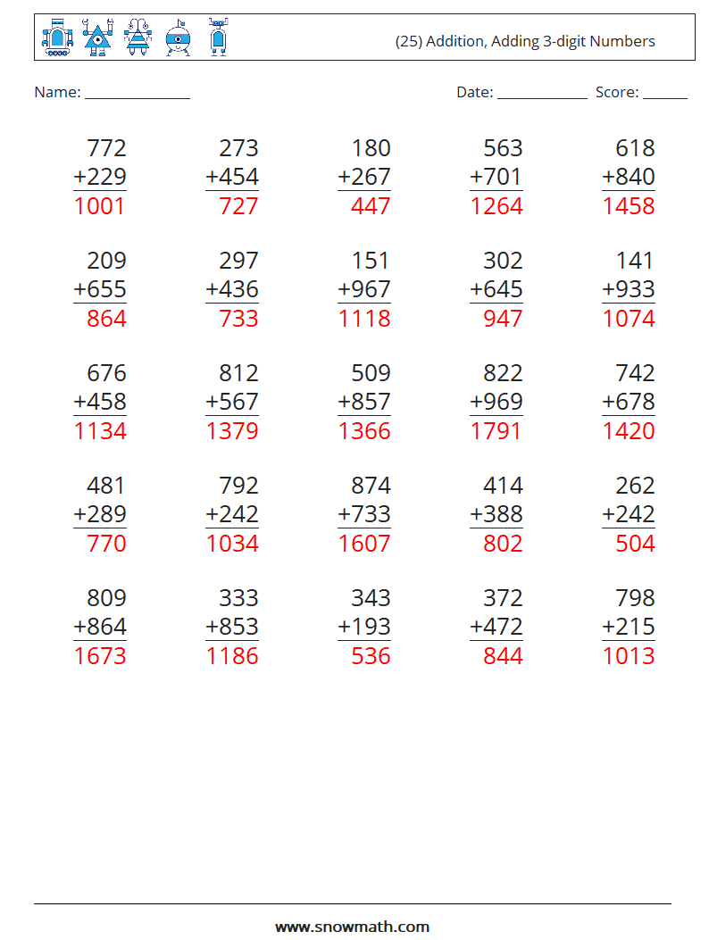 (25) Addition, Adding 3-digit Numbers Math Worksheets 8 Question, Answer