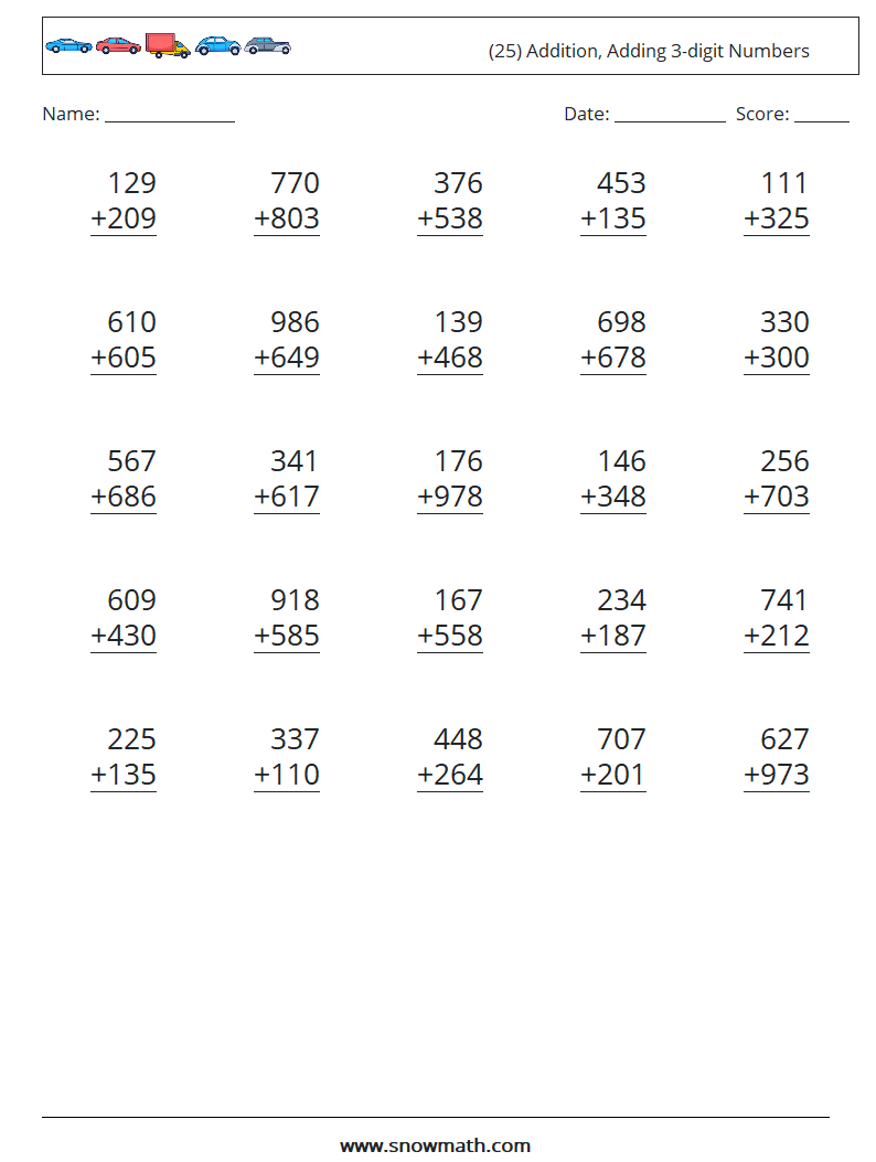 (25) Addition, Adding 3-digit Numbers Math Worksheets 9