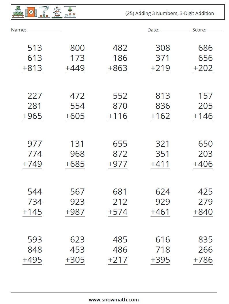 (25) Adding 3 Numbers, 3-Digit Addition Math Worksheets 1