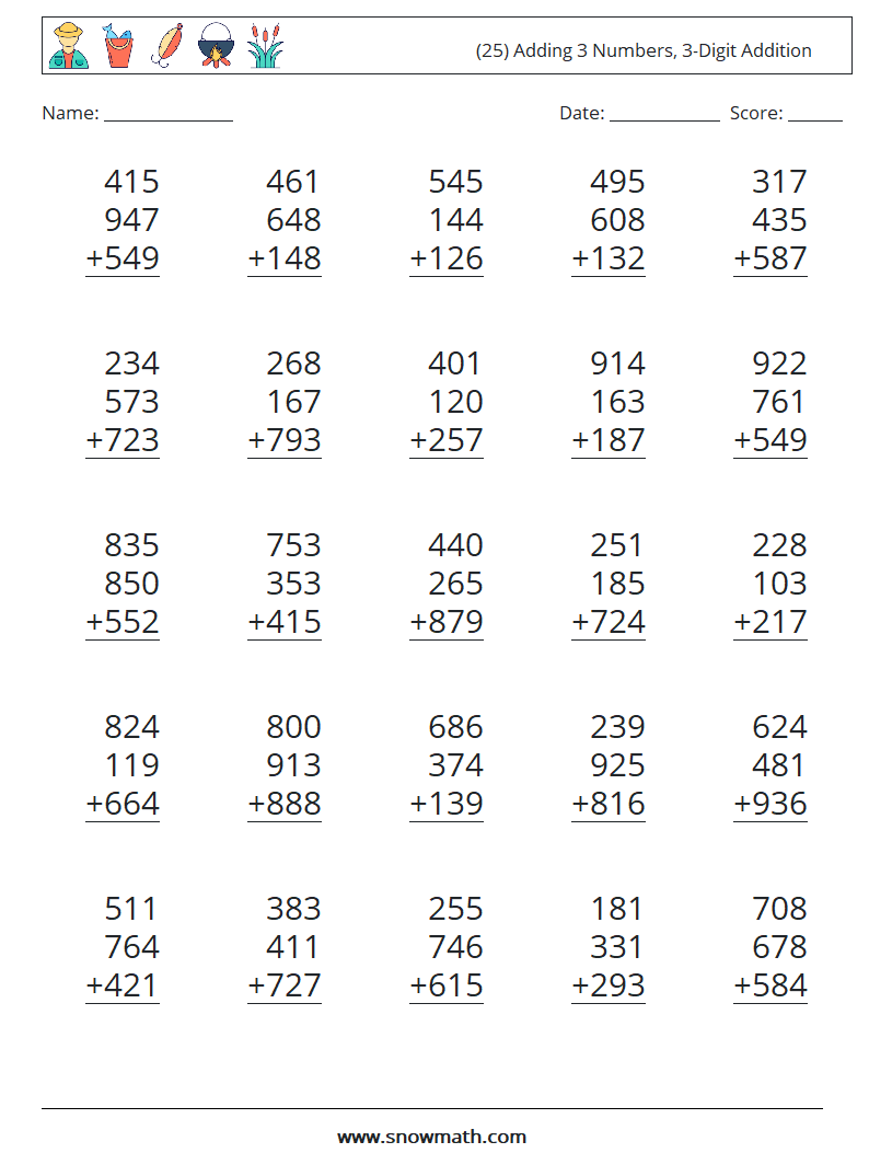 (25) Adding 3 Numbers, 3-Digit Addition Maths Worksheets 10