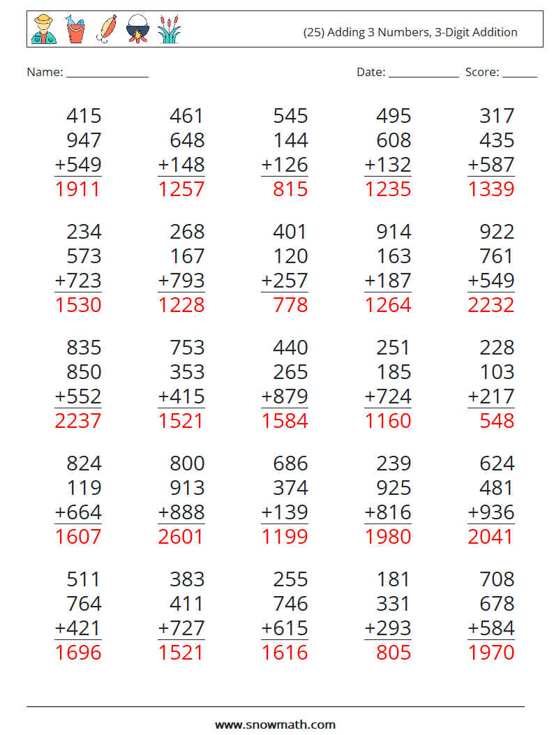 (25) Adding 3 Numbers, 3-Digit Addition Math Worksheets 10 Question, Answer