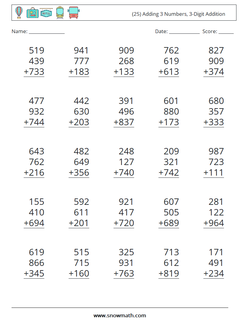 (25) Adding 3 Numbers, 3-Digit Addition Math Worksheets 11