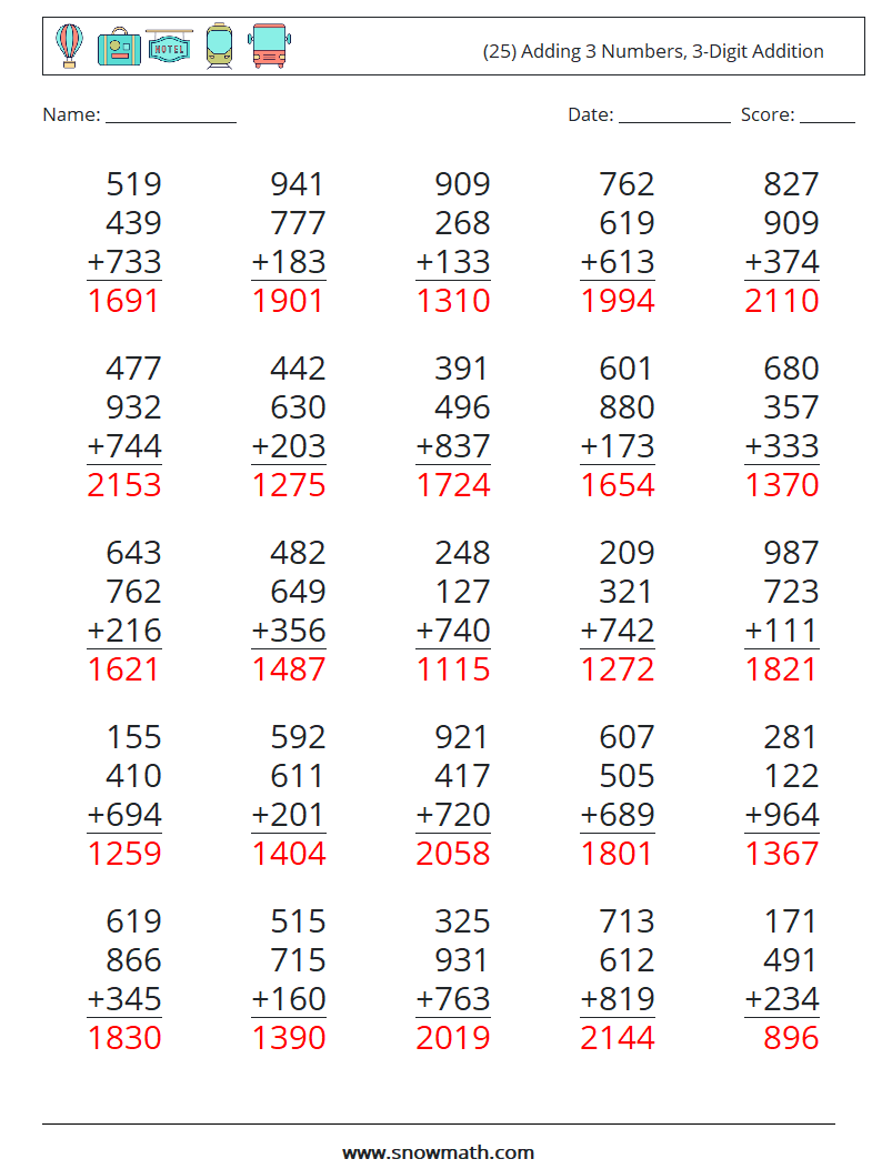 (25) Adding 3 Numbers, 3-Digit Addition Math Worksheets 11 Question, Answer