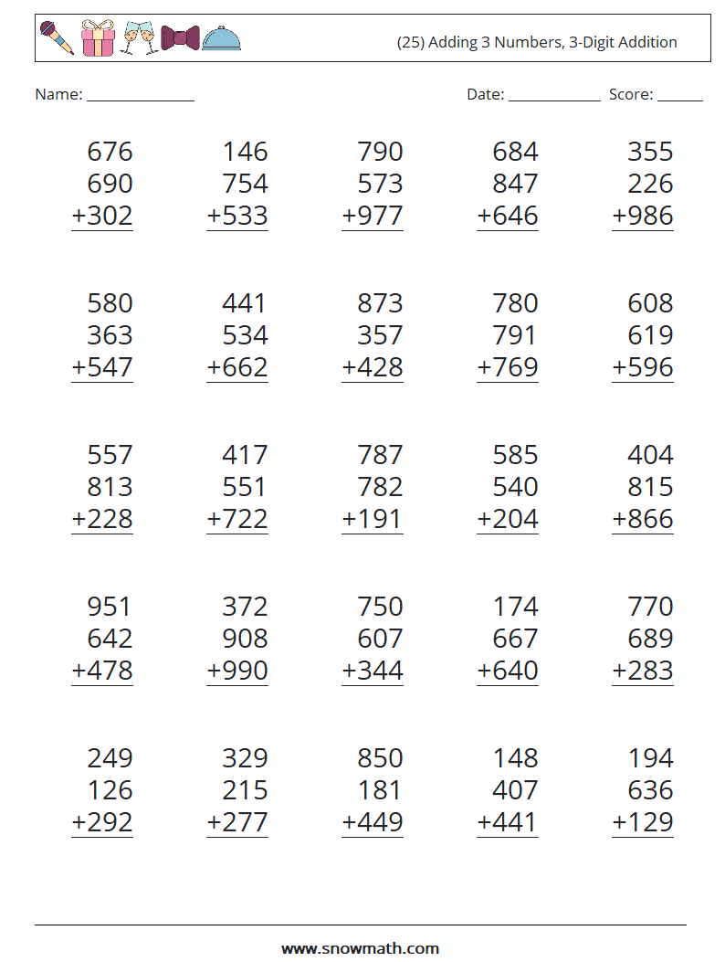 (25) Adding 3 Numbers, 3-Digit Addition Math Worksheets 12