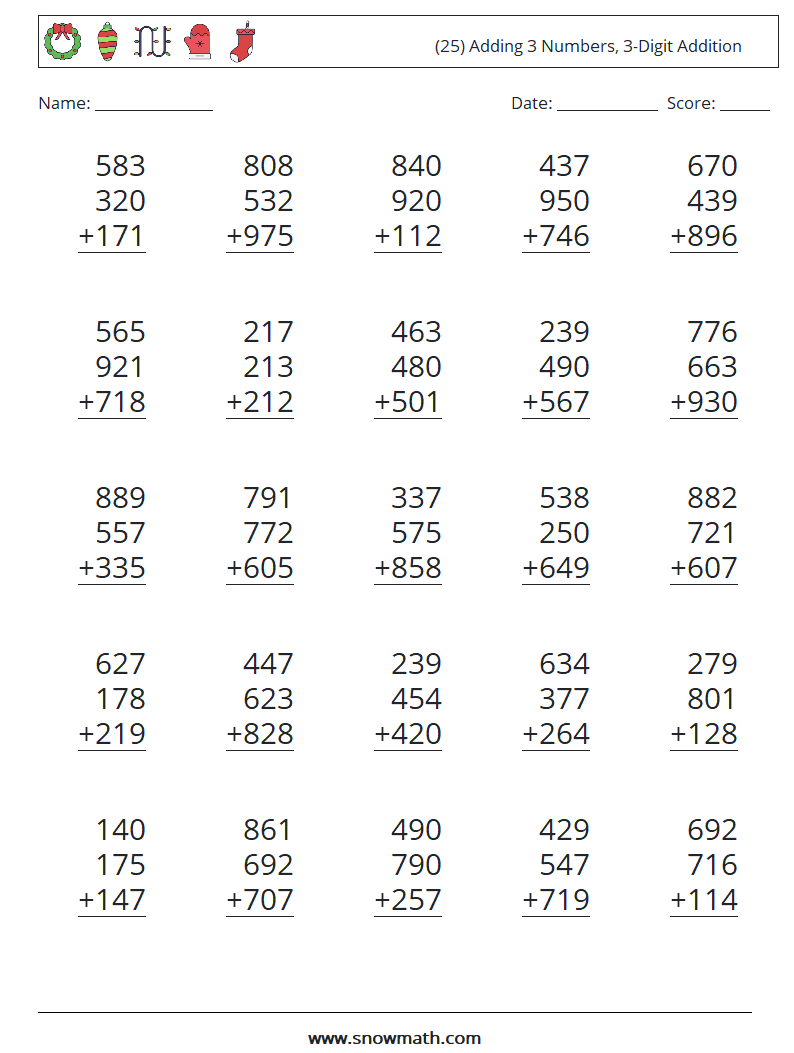 (25) Adding 3 Numbers, 3-Digit Addition Maths Worksheets 13