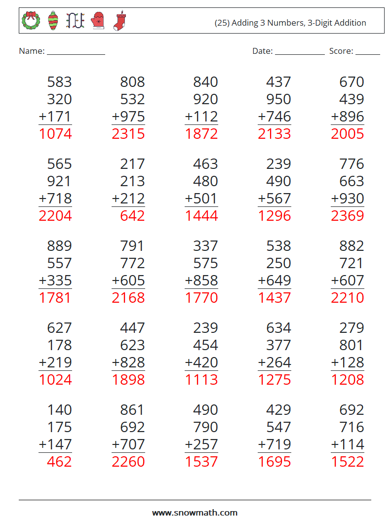 (25) Adding 3 Numbers, 3-Digit Addition Math Worksheets 13 Question, Answer