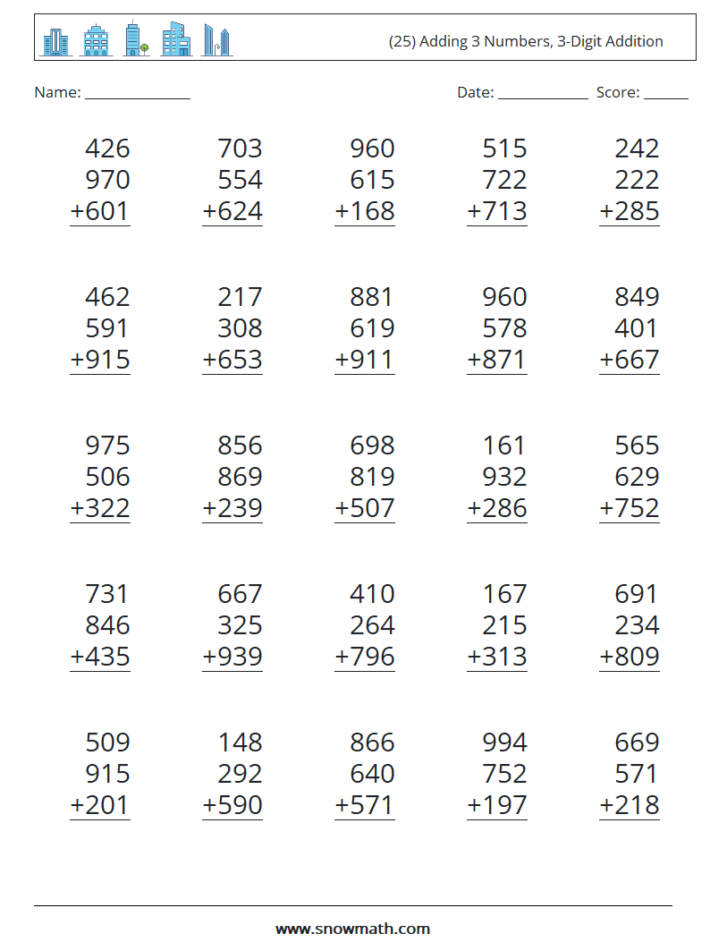 (25) Adding 3 Numbers, 3-Digit Addition Math Worksheets 14