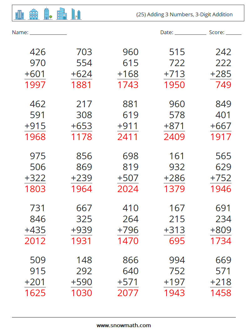 (25) Adding 3 Numbers, 3-Digit Addition Math Worksheets 14 Question, Answer