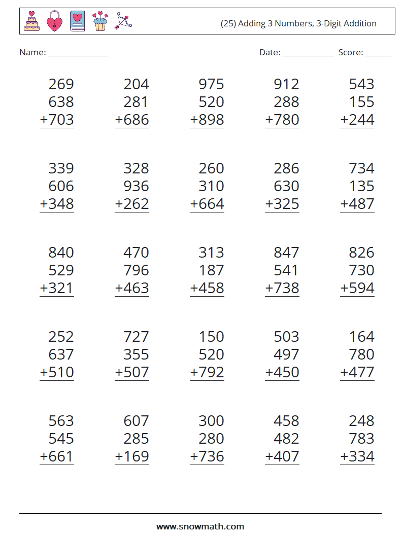 (25) Adding 3 Numbers, 3-Digit Addition Math Worksheets 15